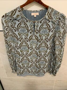 Tory Burch Light Blue and Brown Patterned Long-Sleeve Blouse